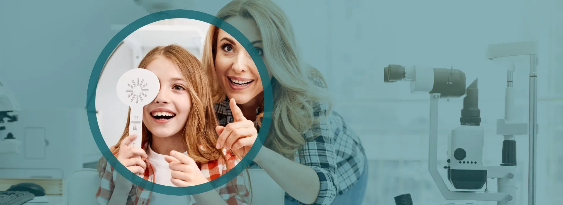 Mother supporting her daughter with getting an eye exam