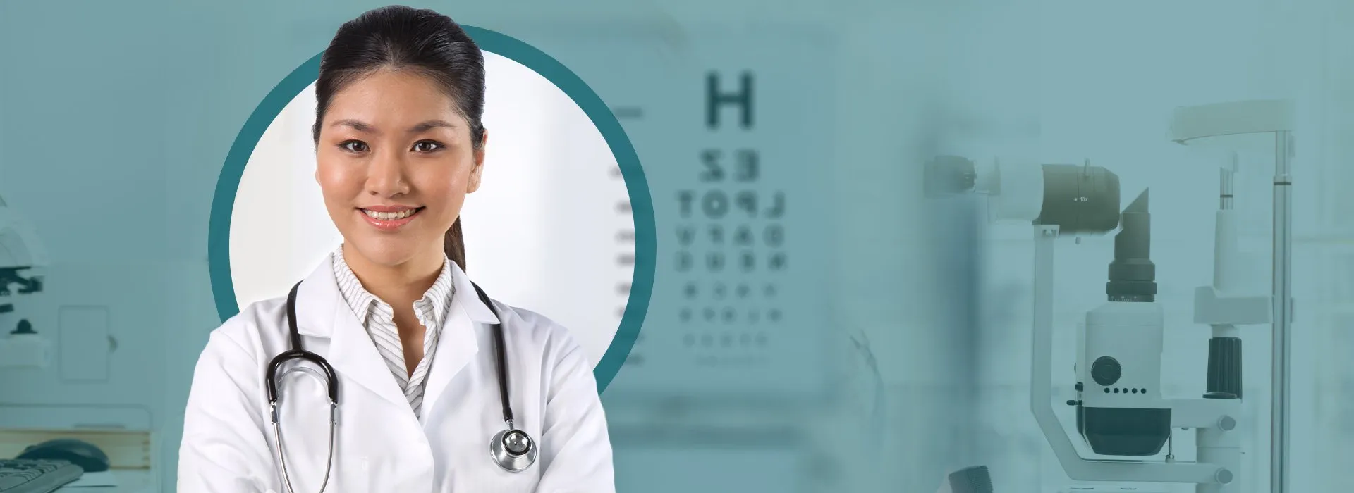 Smiling optometrist in an optometry clinic office